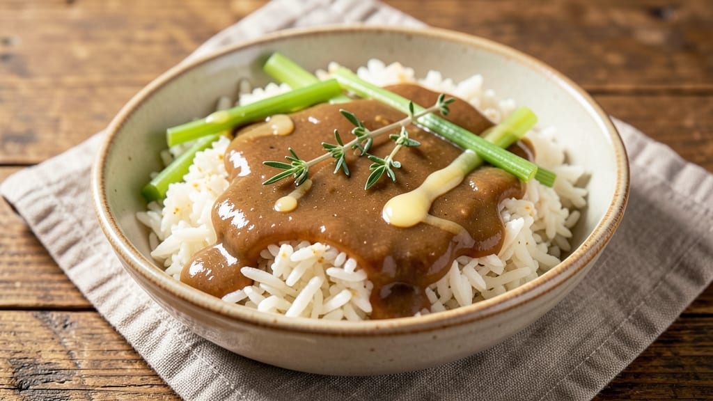 Check Rice and Gravy Recipe: Crispy Celery Crowns Over Rich Herb Gravy