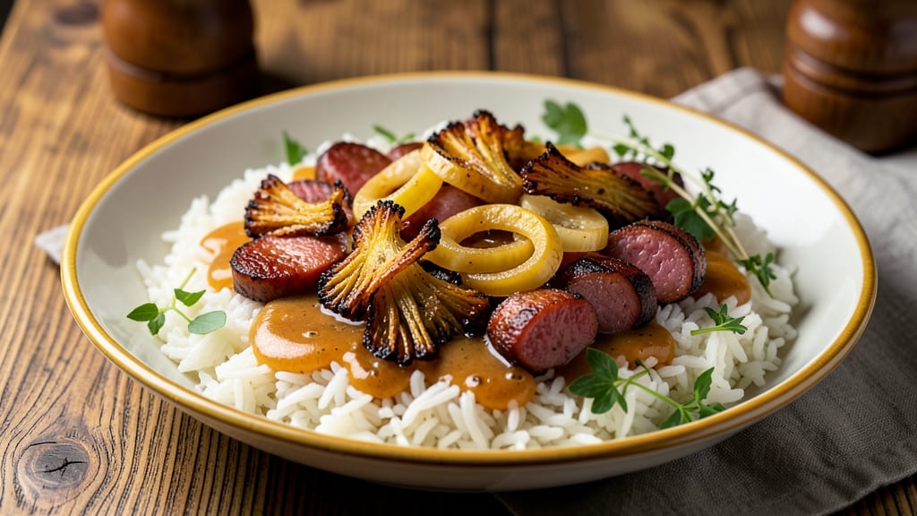 Charleston-Style Sausage Rice Recipe: Smoky Celery Crown Crunch Over Creamy Grains