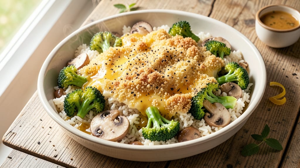 Broccoli Rice Mushroom Casserole Recipe: Cheesy Umami Melt With Crispy Breadcrumb Top