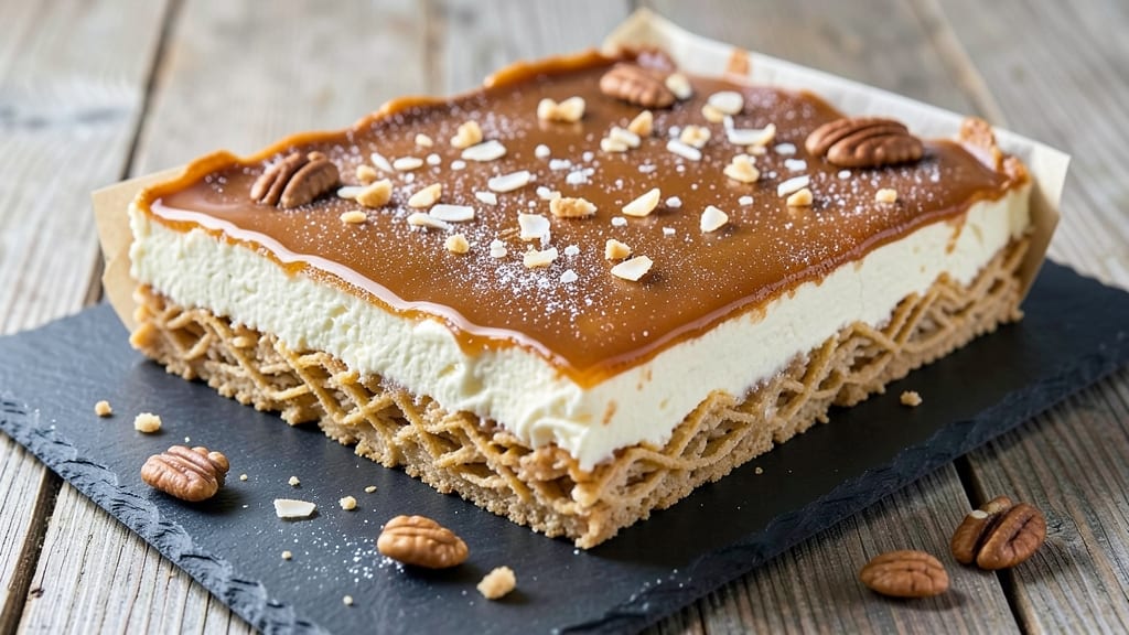 Caramel Rice Krispie Cheesecake Bars Recipe: Crunchy Topping and Gooey Caramel Swirls