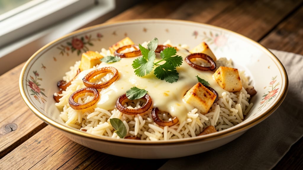 Cheese Rice Indian Recipes: Golden Fried Onions and Toasted Spice Crunch